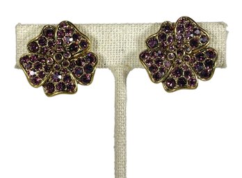 Vintage Purple  Rhinestone Floral Form Gold Tone Ear Clips Earrings