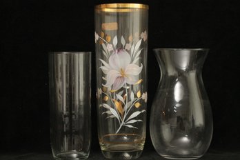 Lot Of 3 Glass Vases Including An Hand Painted Vase From Germany
