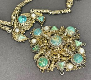 Outstanding Very Early Turquoise, Pearl And Diamond Silver Amulet Pendant Necklace