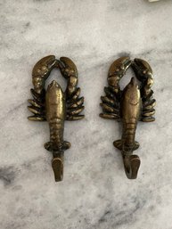 Vintage Pair Of Brass Lobster Wall Hooks