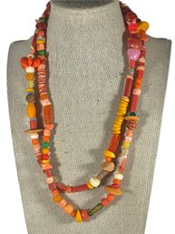 Coral Shell And Plastic Beaded 1980s Necklace 40' Long