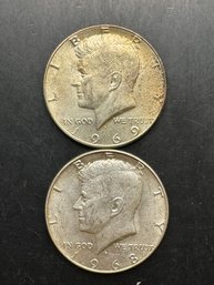 2 Kennedy 40 Silver Half Dollars 1968-D, 1969-D