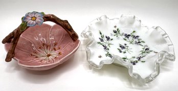 Vintage Milk Glass Ruffled Candy Bowl & Sylva England Ceramic Basket