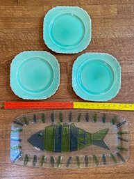 Frosted Glass Fish Serving Platter 21' And 3 Beautiful Vintage Pastel Green Plates 9' No Chips