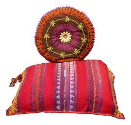 Extra Large Heavy Red And Purple Floor Cushion With Geometric  Motifs  Plus Round Floral Embroidered Pillow