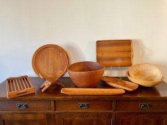 Collection Of Wooden Serveware Including Teak, Rosewood & Maple