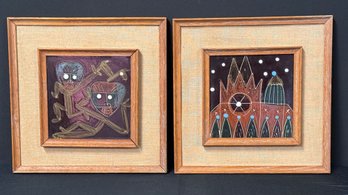 Pair Of Mid - Century Modern Hand Painted Tiles By Harris G. Strong In Double Wooden Frame W/ Imported Linen