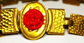 1920s Gilt Brass Czech Link Belt W Faux Coral Flower Stone On Buckle Clasp