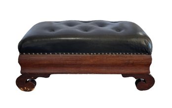 Tufted Leather Ottoman With Nail Head Details & Wooden Base