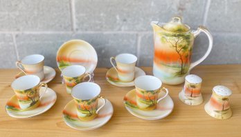 Six Brightly Colored Noritake Demitasse Cups And Saucers, Chocolate Pot And Salt & Pepper Shakers