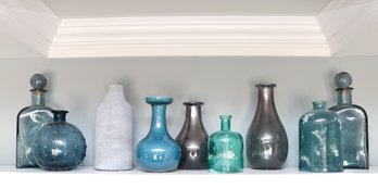 Set Of 9 Assortment Of West Elm Extra Large Teal Grey And Blue  Bottles