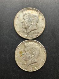 2 Kennedy 40 Silver Half Dollars 1968-D, 1969-D