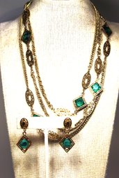 Vintage Gold Tone Elongated Necklace 54' Green Stones Matching Drop Earrings