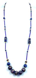 Murano Style Cobalt Blue Art Glass Bead Necklace W/ Gold Fleck Detail