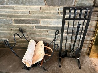 Black Metal Fireplace Tool Set & Log Holder, Carriers