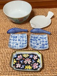 Cloisonne Trinket Tray, Joyce Chen Ginger Grater, Fish Shaped And Blue White Ceramic Chop Stick Holders