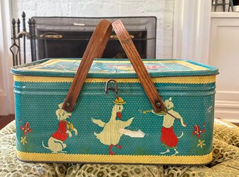 Vintage Mother Goose Tin Picnic Basket With Wood Handles.