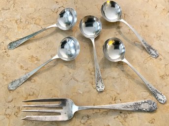 Antique Sterling Silver Dessert Spoons And A Serving Fork (6 Pcs)