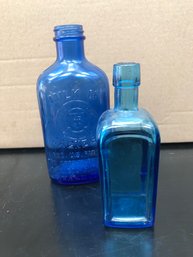 Antique Milk Of Magnesia Bottle - Est  1923 - 1928 & Blue Apothecary Bottle - Wheaton NJ Est 1930s