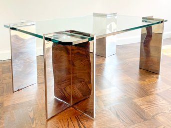 A Vintage Modern Chrome And Glass Coffee Table, Possibly Leon Rosen