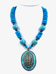 Chunky Turquoise Tone Statement Pendant Necklace