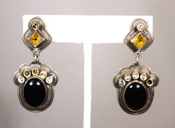 Hand Crafted Sterling Silver Pierced Earrings Having Gemstones And Cabochon Stones