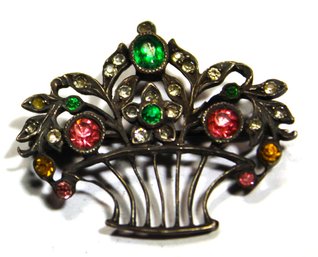 Antique Sterling Silver Brooch Basket Of Flowers W Paste Stones