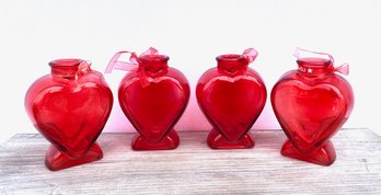 4 Cherry Red Heart Shaped Glass Bottles W/ Love Ribbon