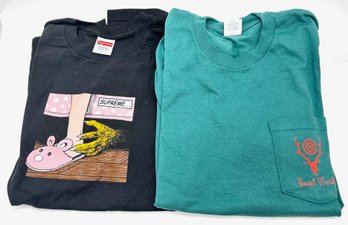 2 Supreme T-Shirts: Short Sleeve Monster Under The Bed, Size Large & Long Sleeve South 2 West 8, Size Medium