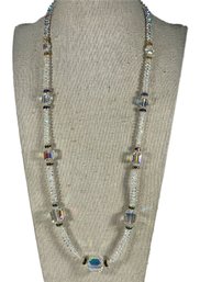 Fine Austrian Crystals Aurora Borealis Beaded Necklace In White W Square Beads