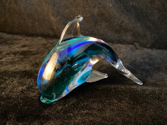 Vintage Rubelli Blue Clear Murano Glass Dolphin Sculpture