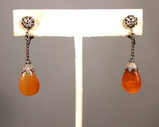Antique Clip Earrings Having Amber Colored Stones In Silver