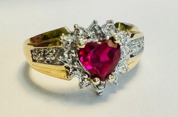 BEAUTIFUL 10K GOLD RUBY HEART AND DIAMOND ACCENT RING