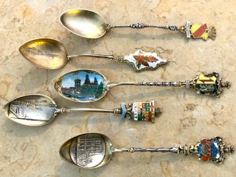 Collection Of Five Vintage Enamel Souvenir Spoons