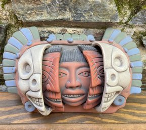 Vintage Mayan/ Aztec 'Three Faces Of Life' Terra Cotta Wall Hanging