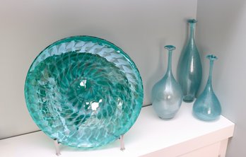 Aqua Teal And Gold Gilt Murano Plate With Crate And Barrel Stand And 3 Tozai Blown Glass Bottles