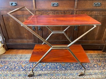 Brass Bar Cart With Crotch Mahogany Shelves