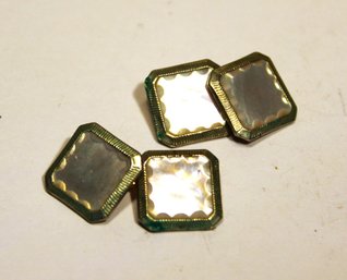 Pair Art Deco Mother Of Pearl Cufflinks In Silver And Gold Plating