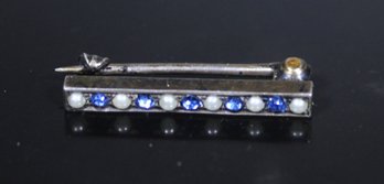 Antique Sterling Silver Seed Pearl And Blue Stone Bar Pin
