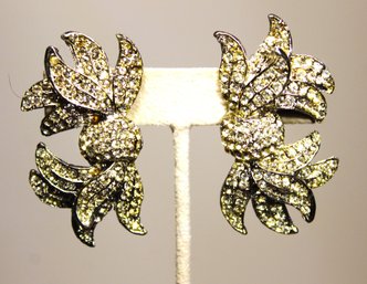 Pair Large Floral White Paste Rhinestone Clip Earrings