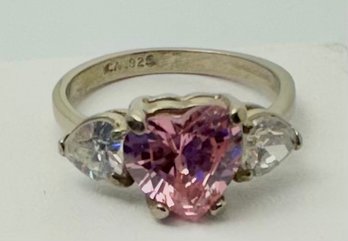SIGNED CA STERLING SILVER PINK HEART WHITE STONE RING