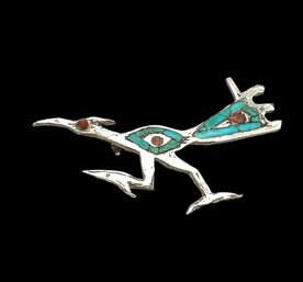 Vintage Large Sterling Silver Turquoise Color Inlay And Coral Color Stone Road Runner Pin/brooch