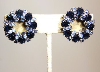 Fine Pair Of Signed WEISS Blue Rhinestone Wreath Formed Clip Earrings