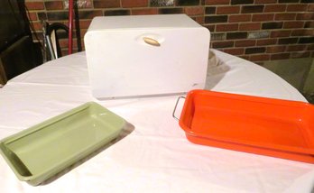 Vintage Bread Box & 2 Enamel Pans
