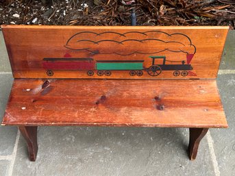 Vintage Child's Wooden Bench Orignal Train Painting 29' X 18.5' X 9.5' Depth ( READ Description)