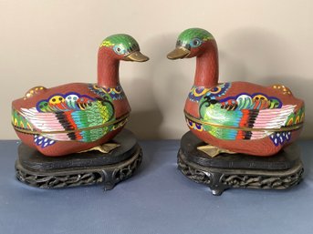 Vintage Chinese Cloisonne Duck Boxes On Wood Stands