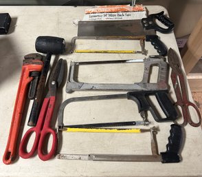 Collection Of Tools - Mitre Back Saw, Hand Saws, Hammer, 2 Snips, Heavy Duty Wrench Pipe. LP/C5