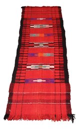 Red And Black Woven Floor Runner With Geometric Motifs And Self Fringe
