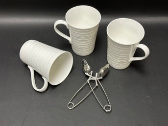 Three Bone China Mugs & Two Tea Strainers