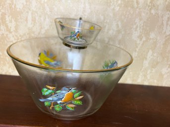 Vintage West Virginia Glass 'American Songbirds' Chip & Dip Set